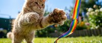 Playful ginger kitten with paws raised, batting at colorful rainbow ribbon toy outdoors on sunny grass lawn. Pet entertainment and feline playtime concept.
