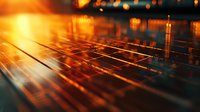 Solar panels catching golden sunset light with dramatic lens flare and bokeh effects, creating abstract pattern of renewable energy technology at dusk.