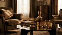 Luxury living room interior with golden candles arranged on black round table, elegant brown leather armchairs, and flowing curtains creating sophisticated home decor ambiance.