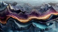 Layered mountain landscape with vibrant waves of purple, orange and turquoise colors flowing through dramatic peaks and valleys in abstract artistic style.