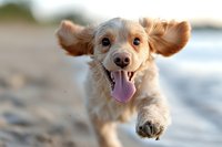 Happy cocker spaniel puppy with flying ears running on beach at sunset, tongue out, expressing pure joy and playful energy.
