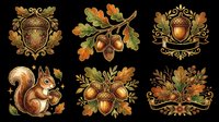 Autumn acorn and squirrel clipart set with oak leaves, isolated on transparent background, ready for t-shirt design, stickers, sublimation, and print on demand.