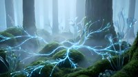 Mystical forest scene with glowing blue lightning energy flowing between moss-covered rocks and ancient tree trunks in ethereal misty atmosphere.