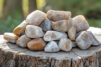 Polished river rocks and stones in natural earth tones arranged on rustic wood stump outdoors, featuring smooth rounded shapes and varied mineral textures.