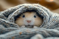 Adorable hamster peeking out from warm knitted gray wool blanket, close-up portrait showing cute pink nose and bright eyes against cozy winter background.