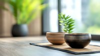 Wooden bowls on bamboo mat with green plants creating zen spa atmosphere for meditation and wellness lifestyle.
