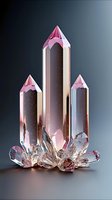 Pink crystal cluster formation with translucent quartz points rising from crystalline base against dark background, magical mineral illustration for spiritual designs.