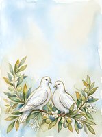 Pair of white doves perched on olive branch with green foliage and berries, watercolor illustration on isolated white background suitable for wedding invitations and greeting cards.
