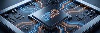 Modern computer processor chip with SEO text on circuit board showcasing digital marketing technology and search engine optimization concepts for web development.