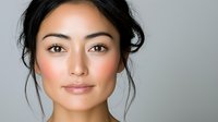 Young Asian woman with natural makeup and glowing skin against light background, soft smile and dark hair in casual updo style for beauty and wellness concepts.