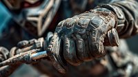 Detailed close-up of weathered leather motorcycle gloves gripping handlebars, showing worn texture and protective padding for biker safety gear concepts.
