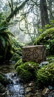 Wooden bicycle trail sign in lush green forest with flowing stream, ferns and moss-covered rocks creating peaceful nature hiking environment.