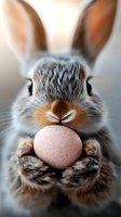 Adorable gray bunny holding pink speckled Easter egg close to nose, macro portrait with selective focus on fuzzy face and paws against soft blurred background.