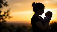 Mother holding baby silhouette against golden sunset sky creating tender bonding moment for family lifestyle and parenting concepts.