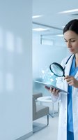 Female doctor examining digital tablet with magnifying glass and holographic medical icons in modern hospital clinic for healthcare technology research.