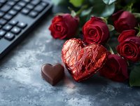 Romantic workspace with red roses, heart-shaped chocolates and laptop keyboard on marble surface for Valentine's Day office celebration and love themes.