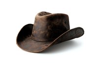 Vintage brown leather cowboy hat with distressed finish and curved brim isolated on white background, ready for western-themed designs and marketing materials.