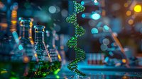 Glowing green DNA helix structure in laboratory setting with glass beakers and bokeh lights creating scientific atmosphere. Medical research concept.