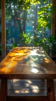 Sunlight and leaf shadows dancing on wooden table surface near window with green plants background creates atmospheric morning mood for lifestyle design.