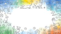 Colorful watercolor frame with hand-drawn dog doodles, paw prints, bones and pet accessories on white background for pet care, veterinary or animal lover designs.