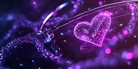 Glowing purple heart shape with water drops and bokeh effects creates romantic atmosphere against dark background, magical love concept for valentines designs.