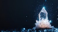 Glowing crystal cluster with magical aura on dark background, mystical quartz formation with sparkles and light effects for spiritual and esoteric designs.
