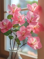Pink bougainvillea flowers in glass vase by window with natural sunlight, vibrant petals and green foliage, indoor floral arrangement for home decor and botanical themes.