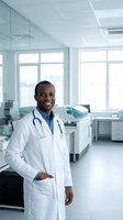 Confident African American male doctor smiling in modern hospital room with stethoscope and white coat for healthcare and medical professional concepts.