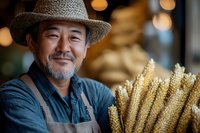 Smiling mature Asian farmer holding fresh wheat stalks, wearing straw hat and apron against blurred bakery background with warm bokeh lights.