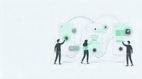 Business team collaboration and data visualization with interactive dashboard elements and analytics charts for corporate presentations.