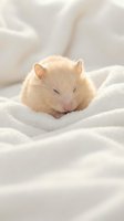 Adorable cream colored hamster sleeping peacefully on soft white bedding with gentle natural lighting creating cozy atmosphere for pet care content.