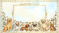 Adorable dogs border frame with golden retriever, pug, dachshund and other breeds in watercolor style for pet certificates and invitations.