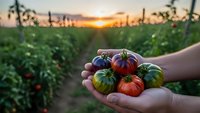 Farmer hands holding colorful heirloom tomatoes at sunset in organic vegetable garden with rows of plants creating sustainable agriculture harvest scene.