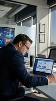 Professional businessman analyzing financial data on laptop in modern office workspace with dashboard displays and charts for business intelligence reporting.
