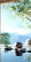 Clay pot on zen stones reflected in calm water surface with mountain landscape and green leaves background, creating peaceful spa atmosphere.