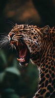 Close-up profile of roaring leopard showing sharp fangs and spotted fur pattern against dark background, dramatic wildlife portrait capturing fierce expression.