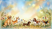 Adorable puppies and dogs playing in colorful wildflower meadow with butterflies under sunny sky. Watercolor style pet illustration for children decor.