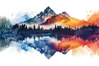 Watercolor mountain landscape with mirror reflection in lake, dramatic sunset colors from cool blues to warm oranges, pine forest