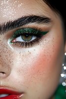Close-up portrait of young woman with festive green glitter eye makeup, sparkles on face and bold red lips for holiday beauty and party celebration.