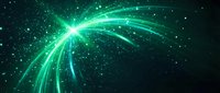Abstract green light trails creating dynamic curved motion against dark starry space background with glowing particles and cosmic energy effects.