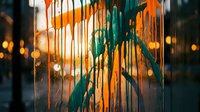 Young woman with medium skin tone, wearing casual attire, standing against urban wall with orange and teal street art graffiti. Golden hour lighting creates warm bokeh background. Contemporary urban lifestyle and street culture aesthetic.