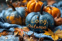 Decorative blue pumpkin with "Cozy Autumn" inscription surrounded by orange pumpkins and fallen maple leaves on rustic background.