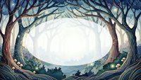 Mystical forest clearing with ancient twisted trees forming natural archway frame, ethereal light filtering through branches creating magical woodland scene.