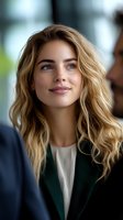 Young blonde businesswoman smiling confidently in modern office environment wearing professional green blazer and white top for corporate marketing materials.