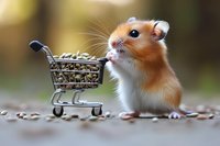 Adorable hamster pushing tiny shopping cart filled with seeds and nuts, captured in natural environment with soft bokeh background, creative miniature scene.