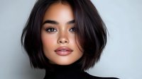 Young Asian woman with short dark bob hairstyle, glowing natural makeup, and confident expression against light gray background. Professional beauty portrait.
