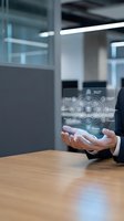 Businessman holding holographic network interface with connected icons above wooden desk in modern office, representing digital transformation and data connectivity.
