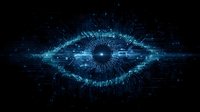 Digital eye with glowing blue circuits and data streams on dark background. Futuristic artificial intelligence and cybersecurity concept for tech presentations.