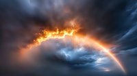 Dramatic fiery rainbow arc glowing through dark stormy clouds at sunset, creating magical atmospheric phenomenon against moody sky background.