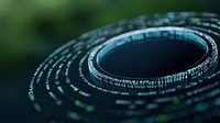 Digital circular interface with glowing binary code pattern on dark background, futuristic technology concept for cybersecurity and data visualization designs.